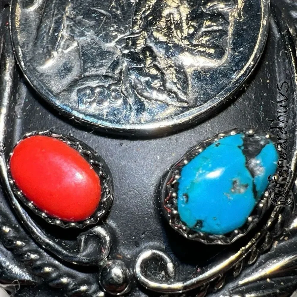 Vintage Bolo Tie Slide – Indian Head Coin – Coral & Turquoise – Signed S.S.I. US